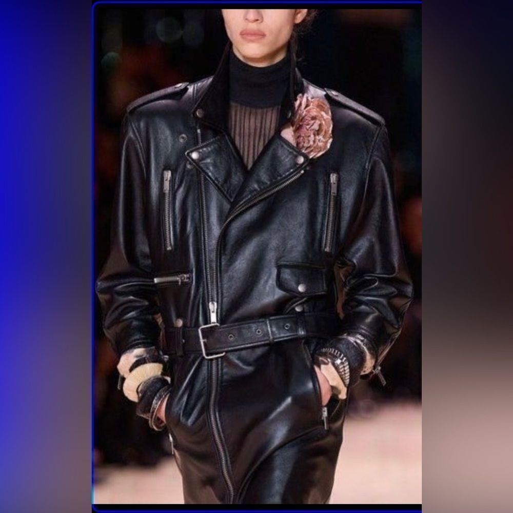 black vinyl leather trench coat with detail closures and a brown flower